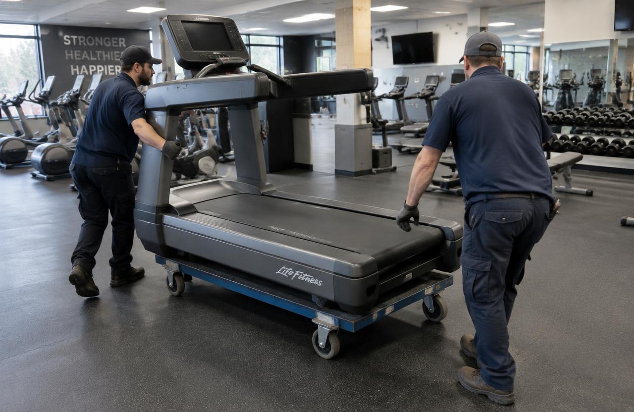 Operarios trasladando una cinta de correr dentro de un gimnasio